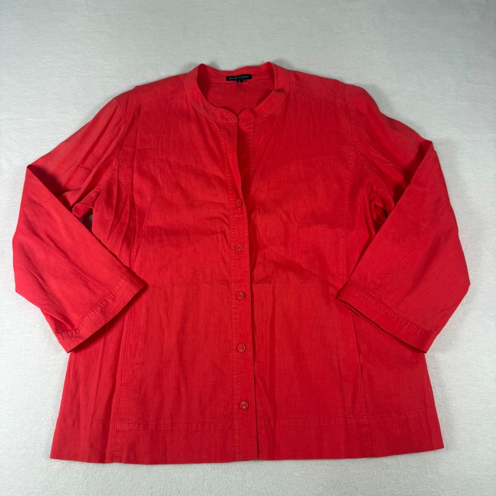 Eileen Fisher Red Linen Button Down Shirt Womens Size M Italian Fabric Resort